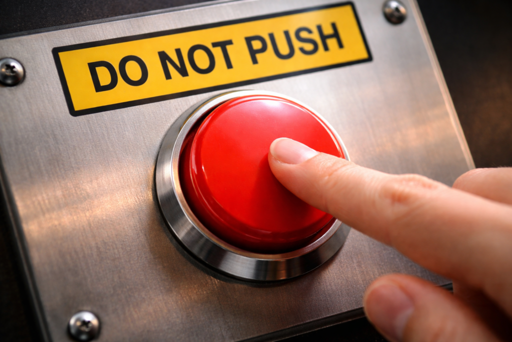 「DO NOT PUSH」と書かれた赤いボタンを押そうとしている指。