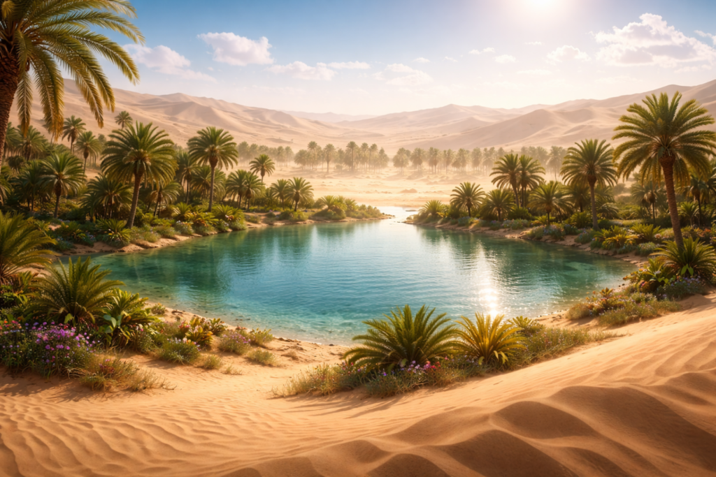 砂漠の蜃気楼（オアシス）のようなイメージ画像。