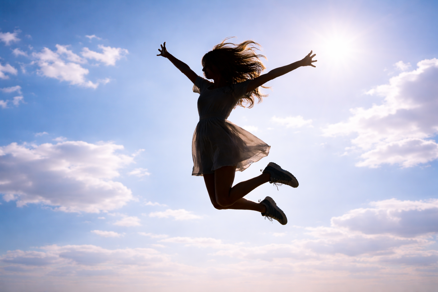 青空に向かってジャンプしている女性のシルエット（躍動感）。