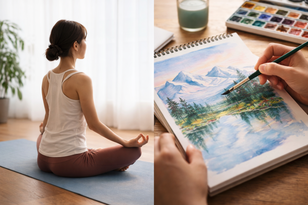 ヨガマットの上でポーズをとっている女性や、絵を描いている手元（新しい趣味）。