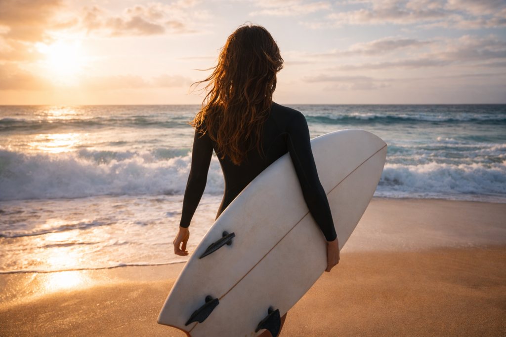 サーフボードを持って海に向かう女性、あるいは波に乗っているサーファーの写真（記事内の比喩に合わせて）。