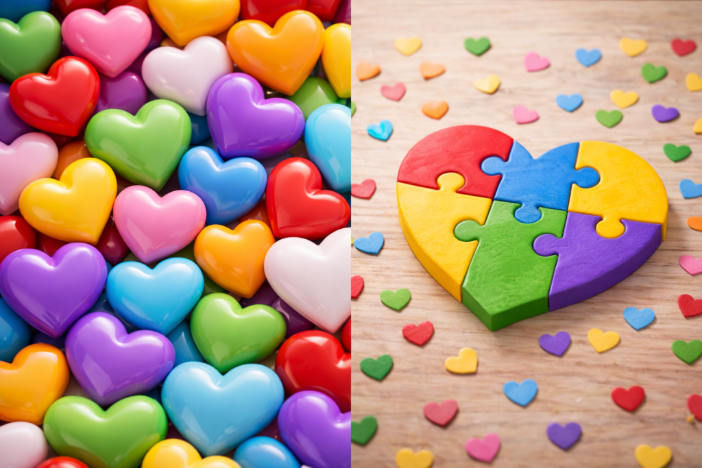 多彩なハートの色、またはパズルのピースが組み合わさる様子(多様な愛)。
