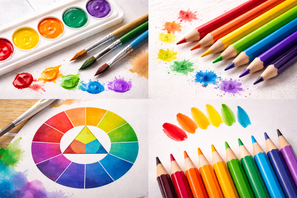 6色の絵の具や色鉛筆、カラーチャート。