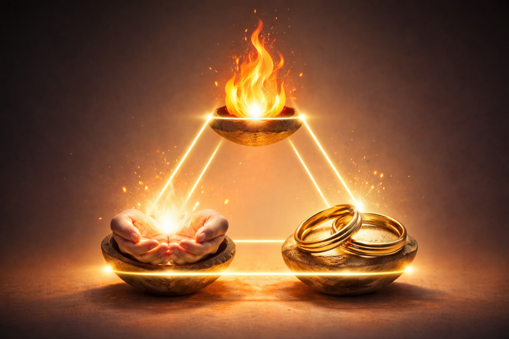 三角形のオブジェ、または「炎（情熱）」「手（親密）」「指輪（約束）」の3つがバランスをとっているイメージ。