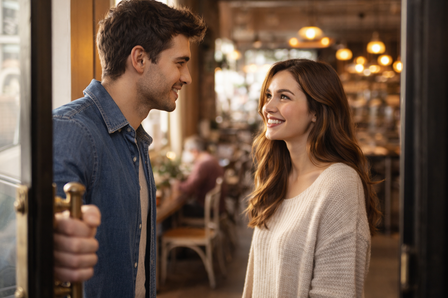 カフェのドアを開けて、初めて目が合った瞬間の男女（期待感のある表情）。