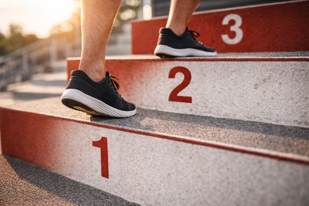 「1」「2」「3」と番号が振られたステップ（階段）を上っていく足元の写真。