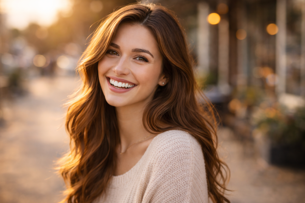 自然で素敵な笑顔の女性のポートレート(歯が見えるくらいの)。