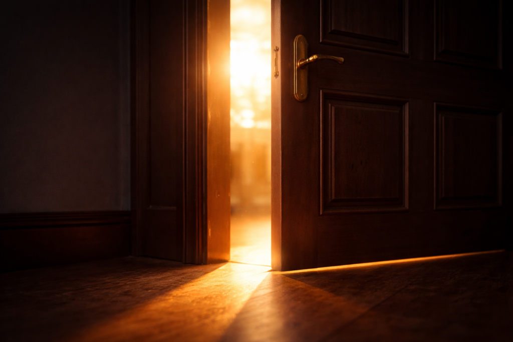 扉の向こうから、温かい光が漏れている写真。