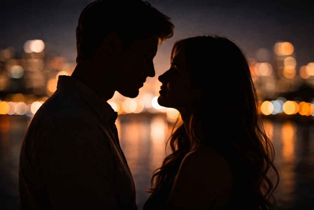 夜景をバックに見つめ合っている二人のシルエット。