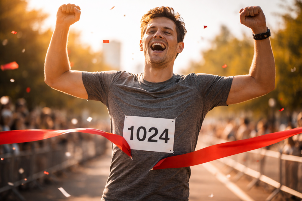 ゴールテープを切っているようなイメージ