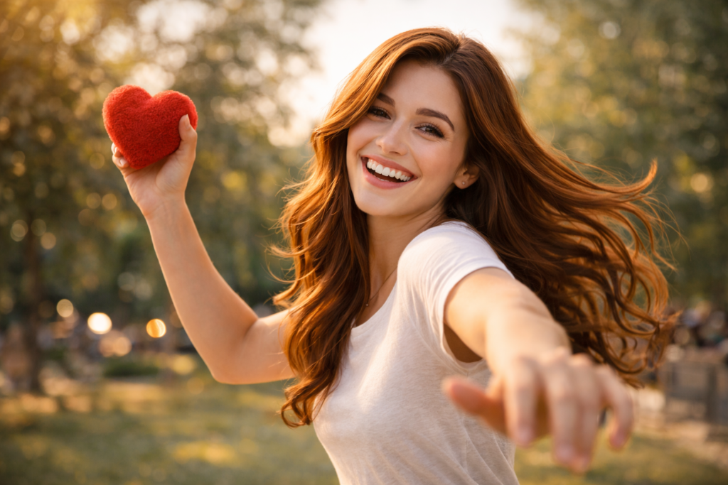 ハートの形をしたボールを、笑顔で投げようとしている女性。