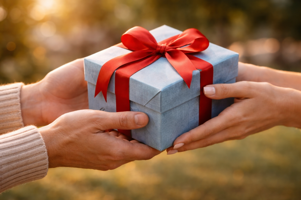 プレゼントボックスを手渡している手元(ギブアンドテイク)。