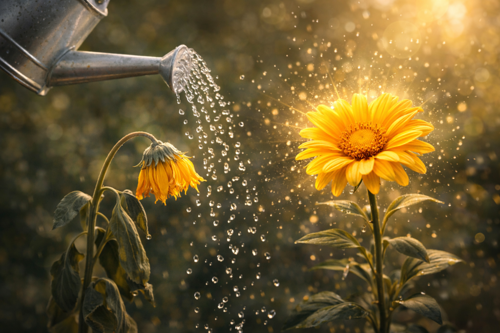 枯れかけた花に水をあげて、パッと咲く瞬間（自信を与える比喩）。