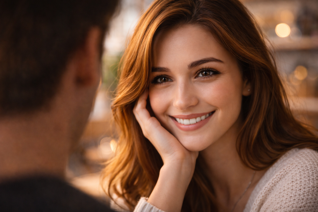 カフェで楽しそうに相手を見つめている女性の視線（目力）。