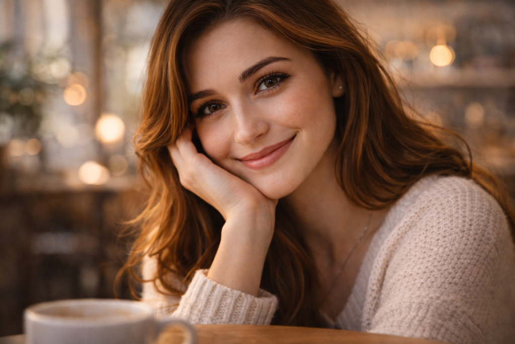 カフェのテーブル越しに、頬杖をついて優しく微笑んでいる女性のアップ（目が合っている）。
