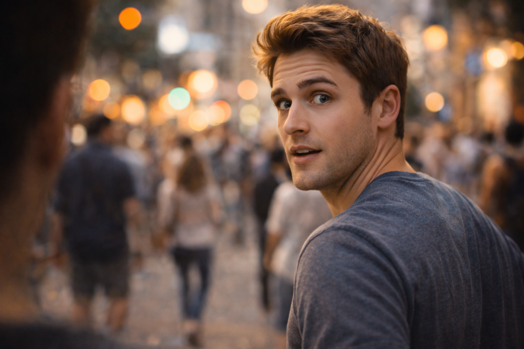 雑踏の中で、誰かに呼びかけられて振り返る男性。