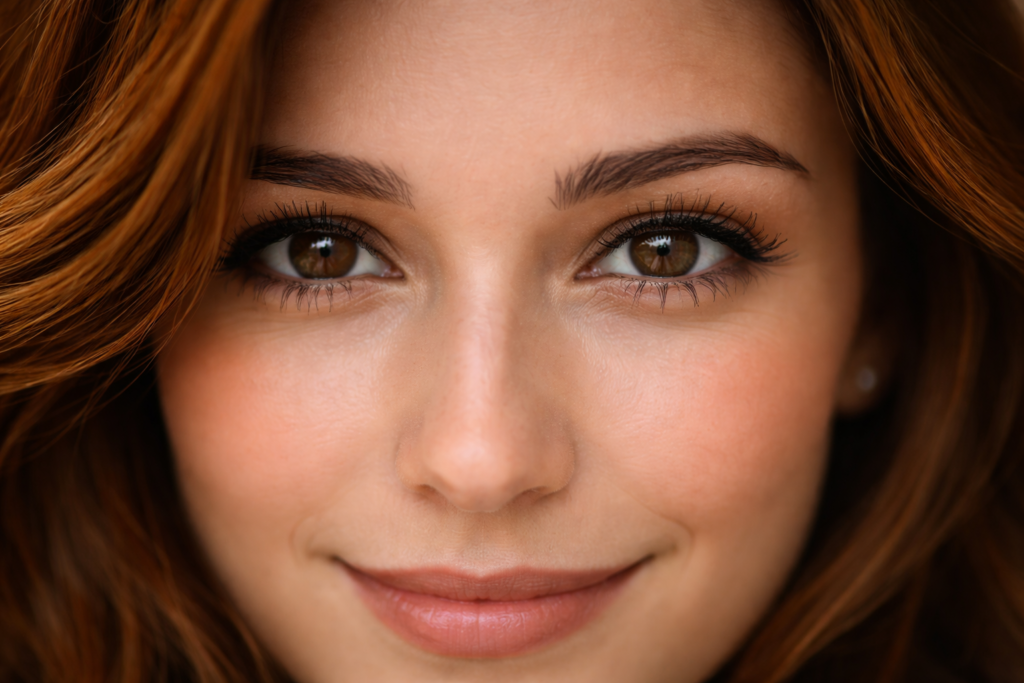 女性の瞳のクローズアップ写真（こちらを見ている）。