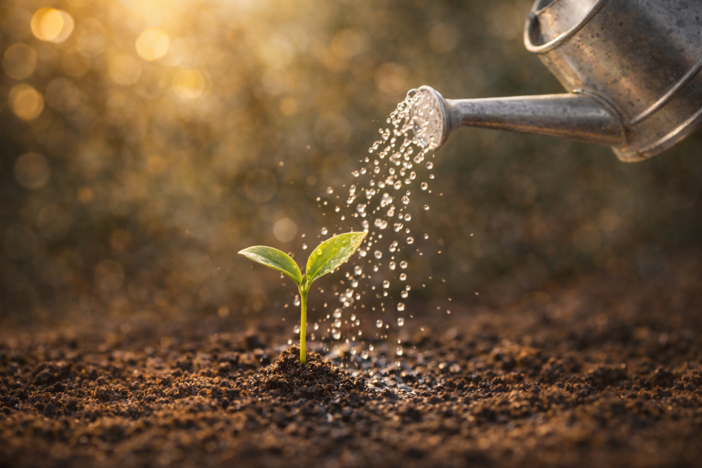 小さな芽にジョウロで水をあげている写真（好意を育てる比喩）。