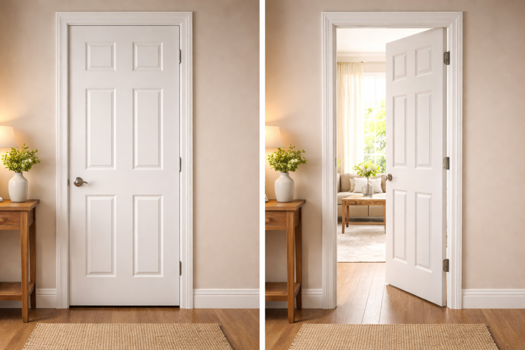 閉まっているドア（会話終了）と、開かれているドア（会話継続）の対比。