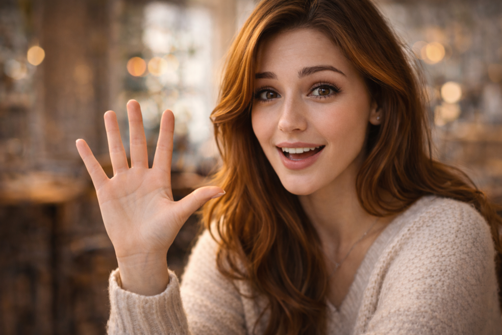 片手の指を5本立てて、ポイントを説明している女性。