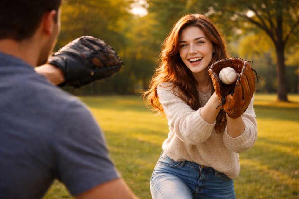 キャッチボールをしている男女（ボールをしっかり受け止めている）。