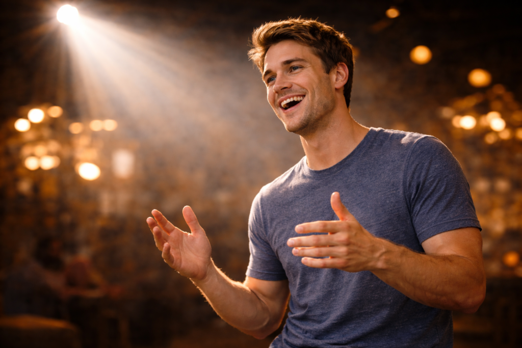 男性にスポットライトが当たり、気持ちよく話している様子。