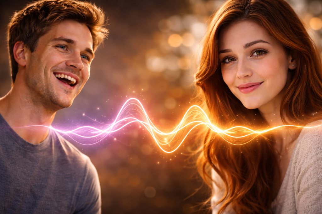 二人の波長が合っているような波形のグラフィック。