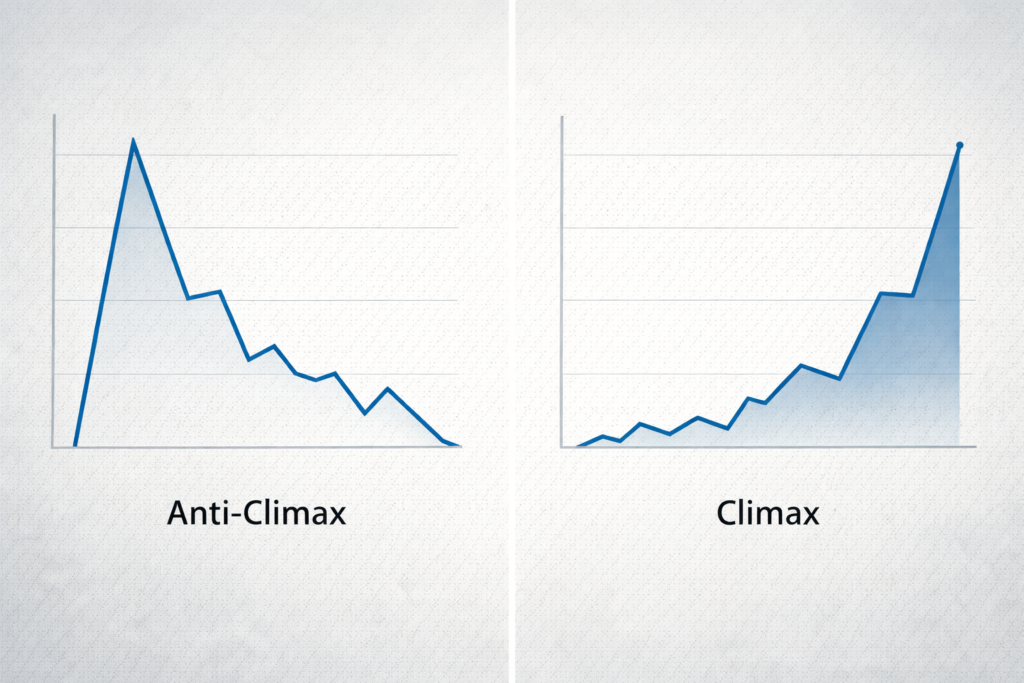 最初に高い山があるグラフ（アンチクライマックス）と、最後に高い山があるグラフ（クライマックス）の比較図。