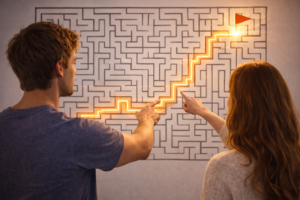 迷路のゴールに向かって、二人で指をさしている写真。