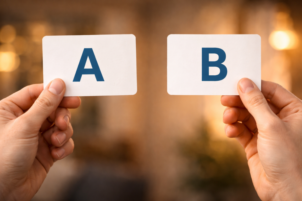 「A」「B」と書かれたカードを持っている手。