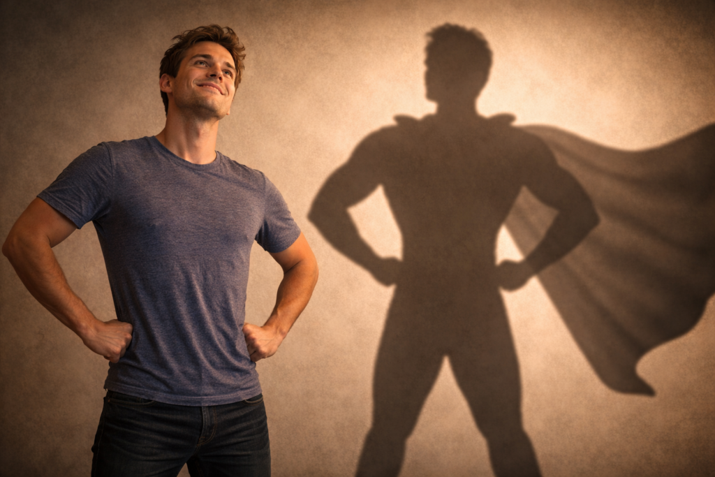 マントをつけたヒーローのような影が映っている男性(遊び心のある画像)。