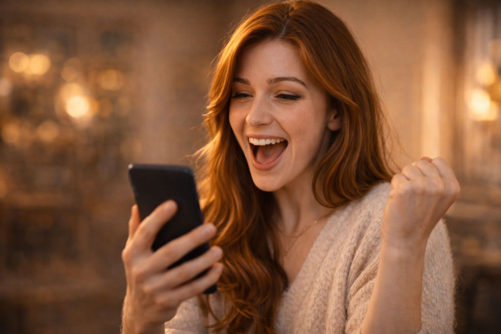 スマホの画面を見て、ガッツポーズをしている女性（OKが来た瞬間）。