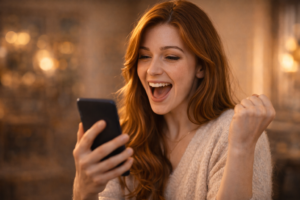 スマホの画面を見て、ガッツポーズをしている女性（OKが来た瞬間）。