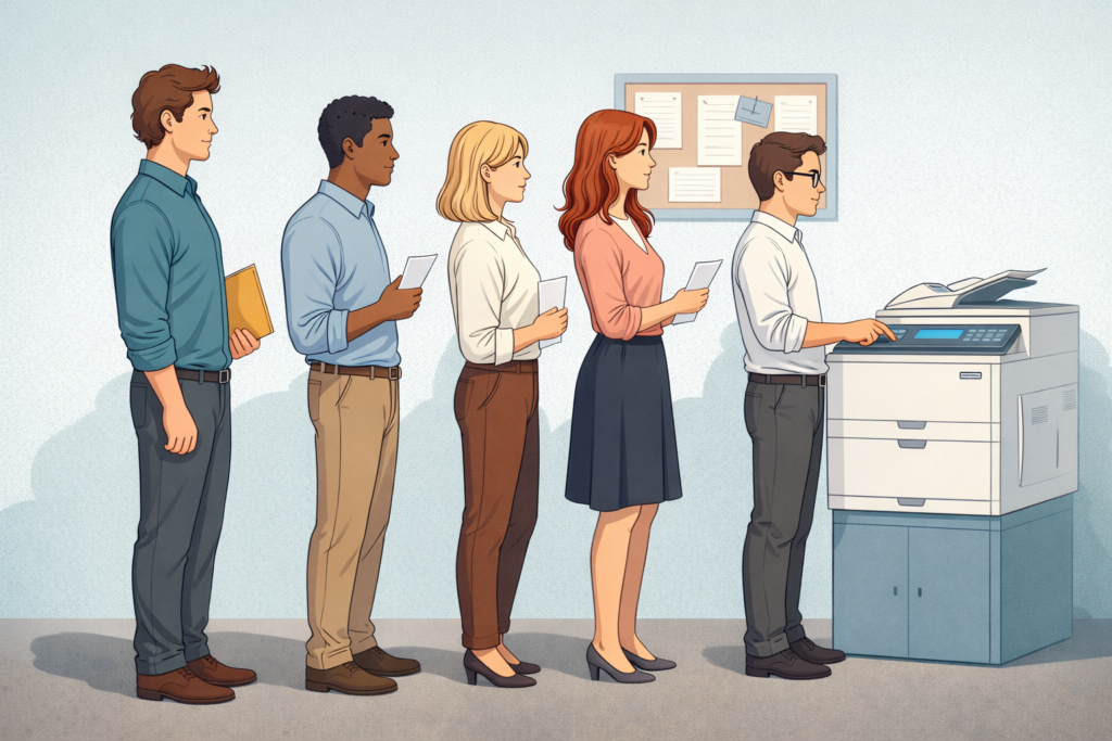 オフィスのコピー機の前に並んでいる人々のイラスト(実験のイメージ)。