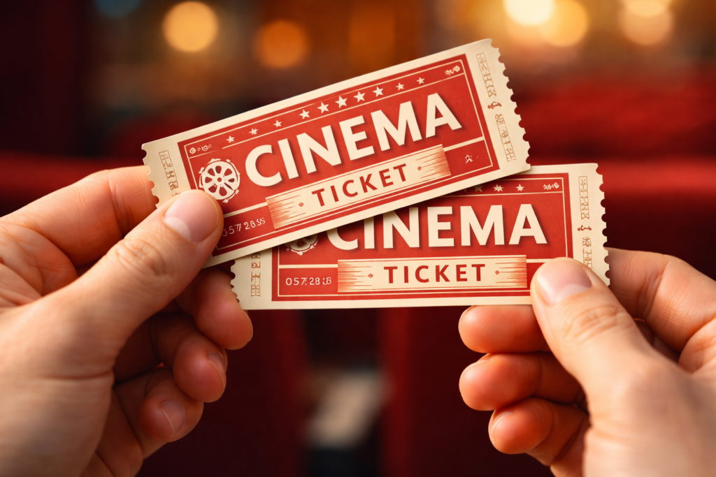 映画のチケットを2枚持っている手元(もったいないから、の理由)。