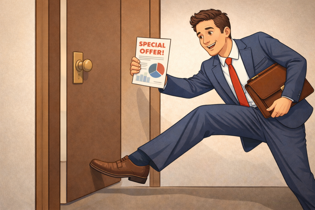 ドアの隙間に足を入れているセールスマンのイラスト(比喩)。