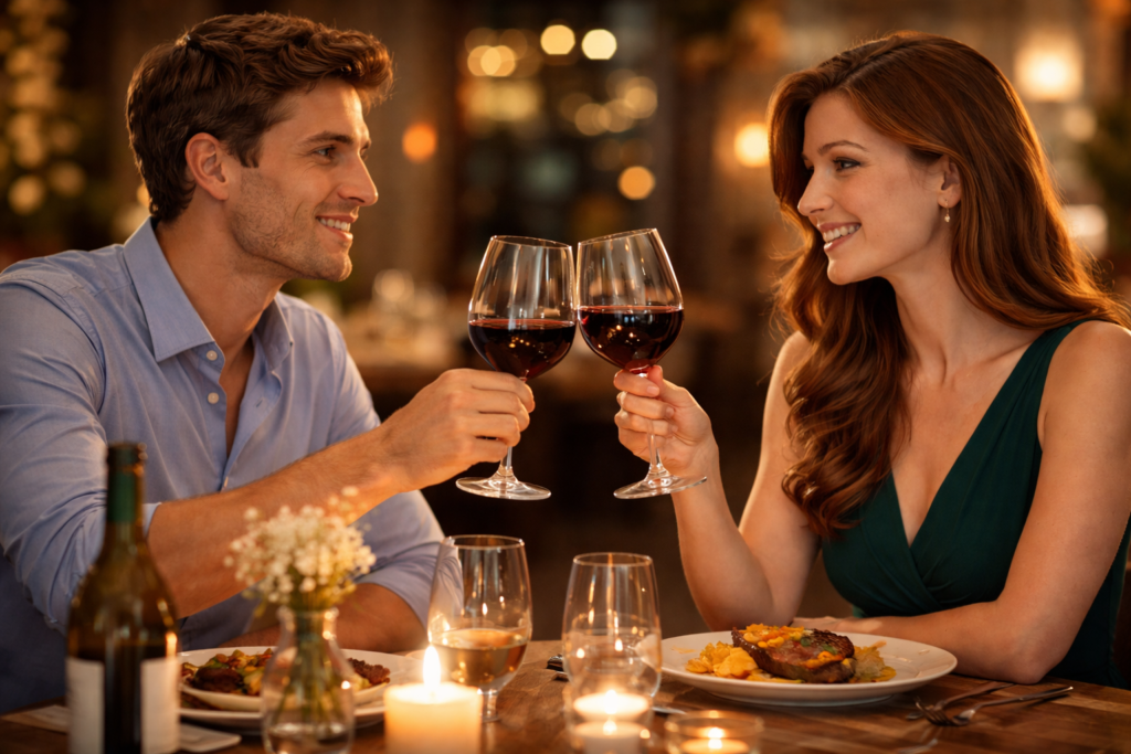 雰囲気の良いレストランで、ワイングラスを合わせて乾杯しているカップル。