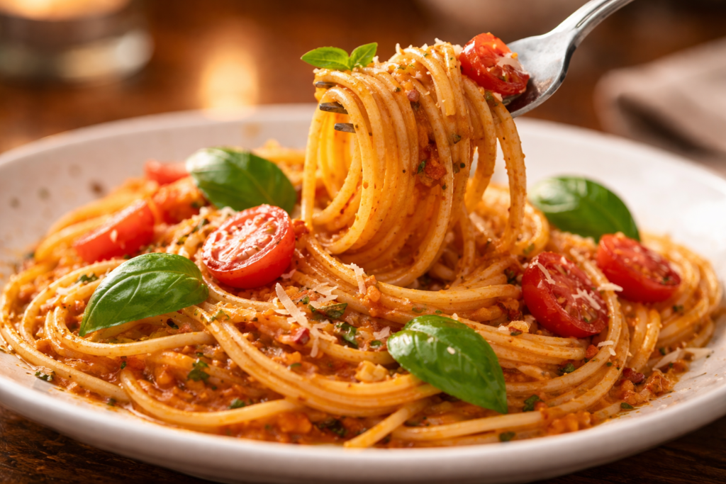 とても美味しそうなパスタやステーキのクローズアップ写真。