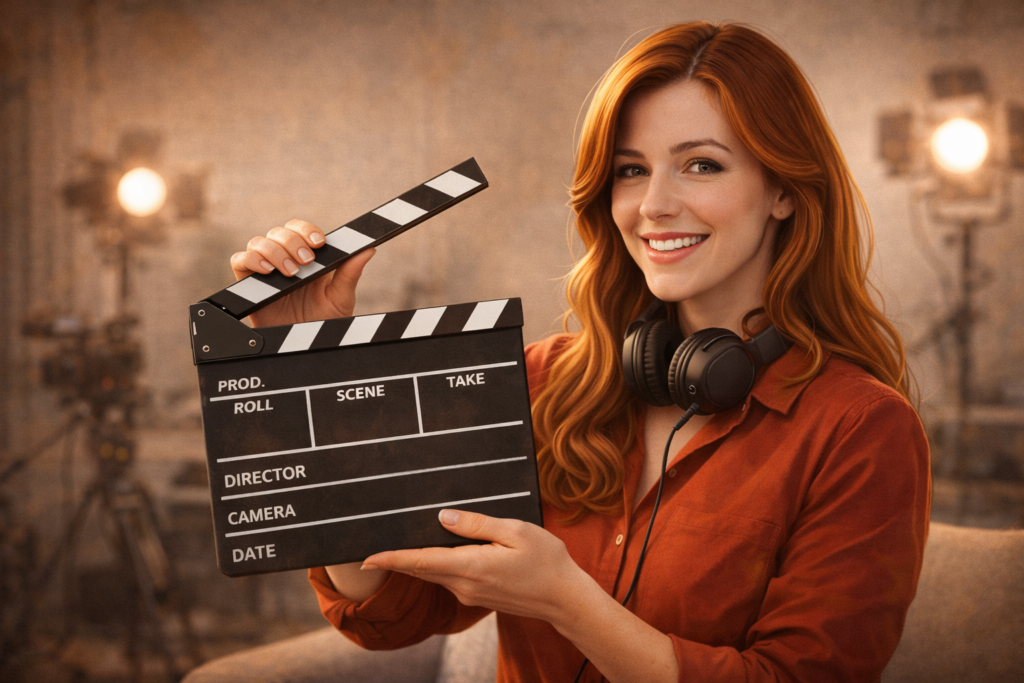 映画の監督のようなカチンコを持った女性のイラスト(プロデュースの比喩)。