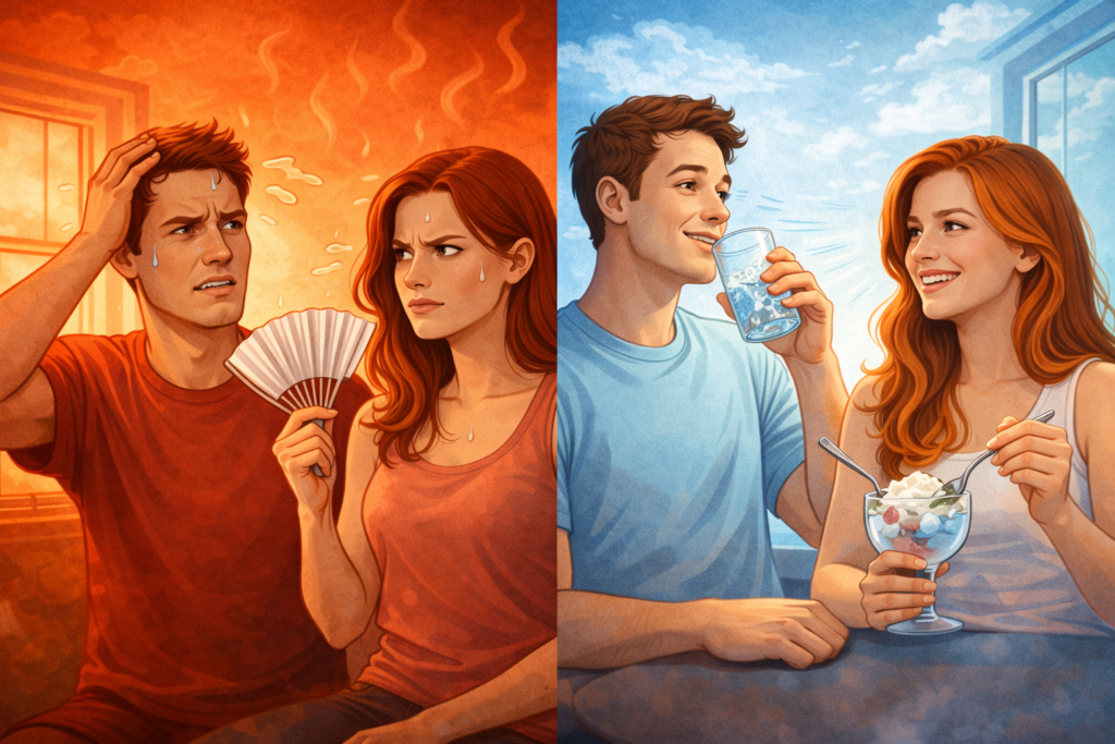 画面の左半分は赤く蒸し暑そうでイライラしている男女、右半分は青く涼しげで笑顔の男女の対比画像。