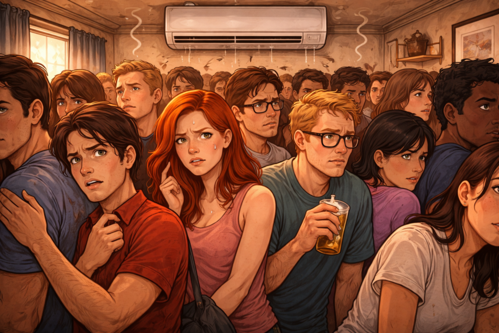 狭くて人がぎゅうぎゅう詰めの部屋のイラスト(不快な環境)。