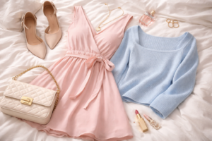 デート用の服（パステルカラー）と、リップやバッグがベッドの上に置かれている写真。