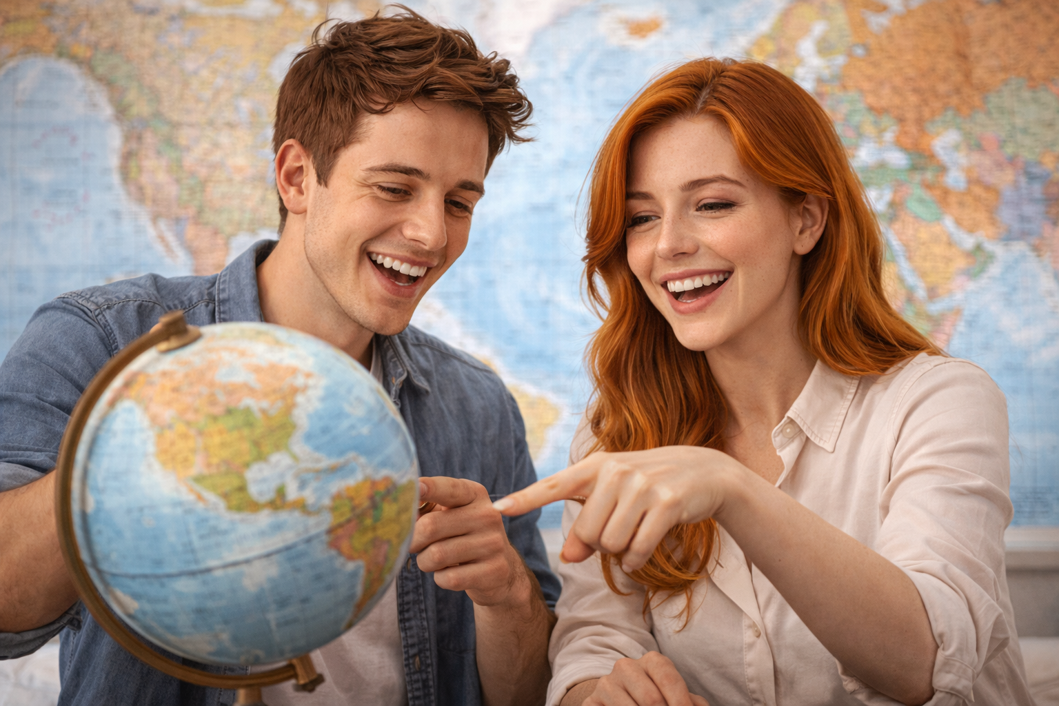 世界地図や地球儀を二人で指差して笑っている写真。