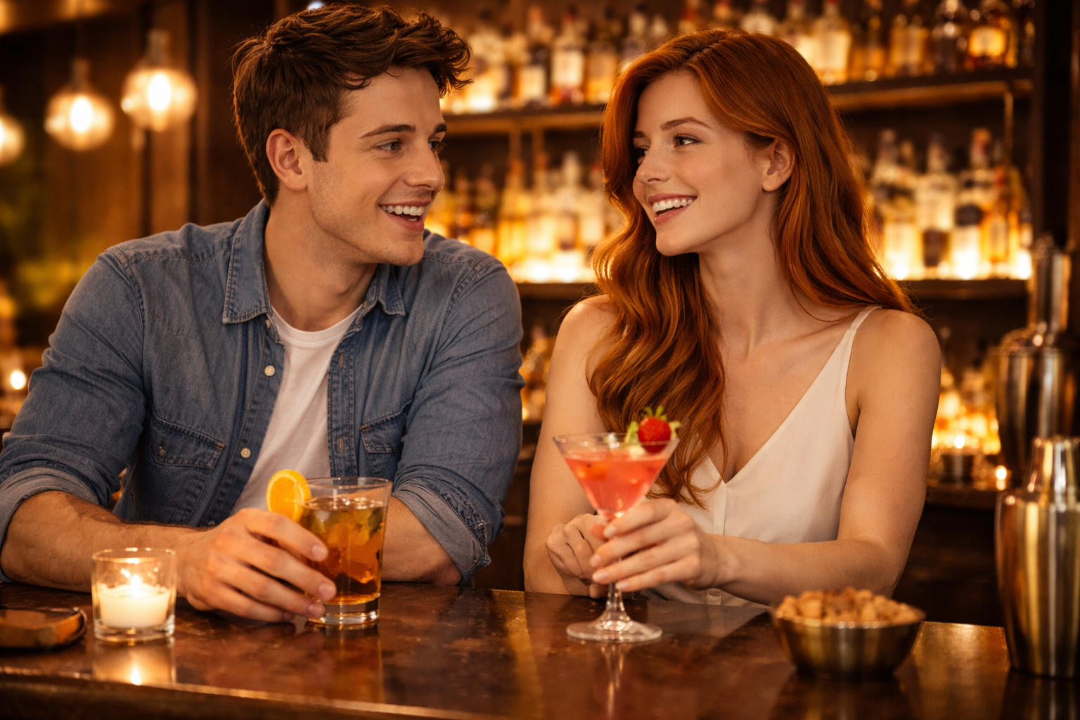 おしゃれなバーのカウンターで、並んで座っている男女。