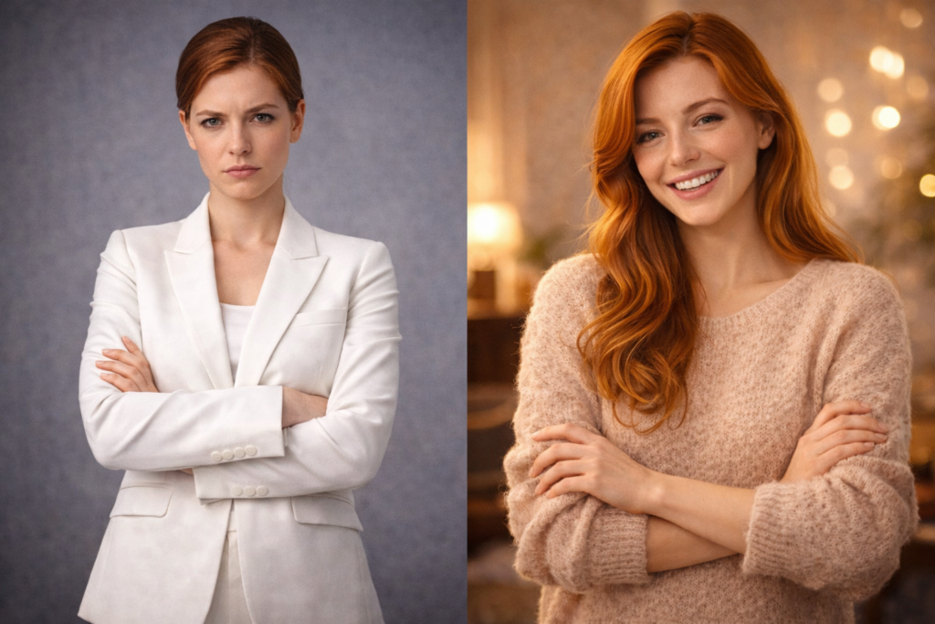 全身真っ白でカチッとしたスーツの女性(近寄りがたい)と、ふんわりしたベージュのニットの女性(親しみやすい)の対比。