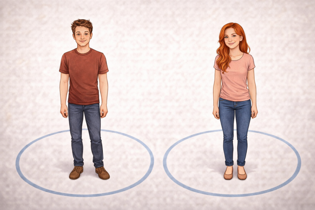 人の周りに円（サークル）が描かれているイラスト（パーソナルスペースの図）。