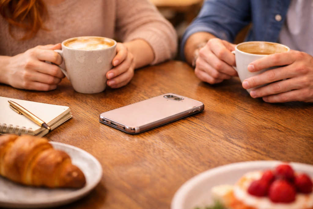カフェテーブルの上で、女性のスマホが男性側に少し置かれている写真。