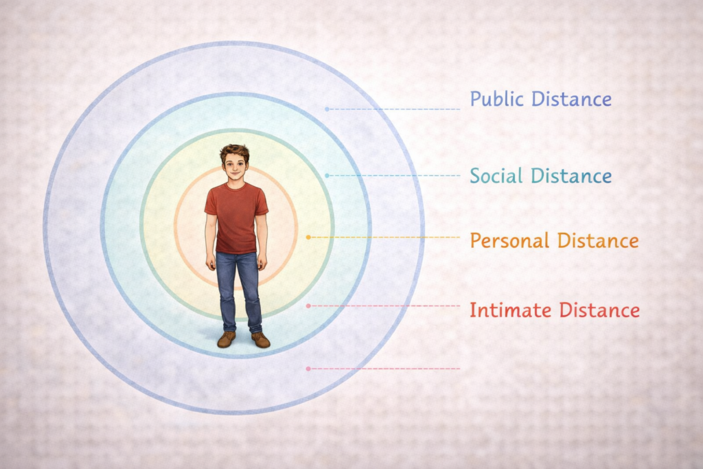 人を中心に、4つの同心円が広がっている図解イラスト。