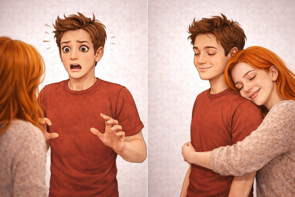 正面から近づかれて驚いている人と、横から近づかれて安心している人の対比。