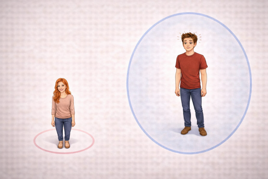 女性の周りには小さな円、男性の周りには大きな楕円が描かれている比較図。